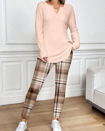V-Neck Solid Top + Plaid Pants Loungewear Set 2024 f/w spring two-piece sets