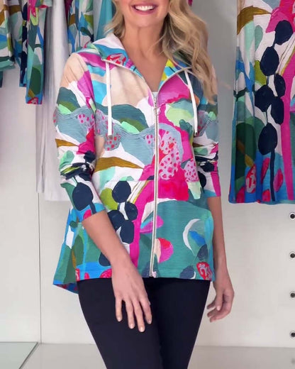 Colorful print lapel casual zip-up jacket