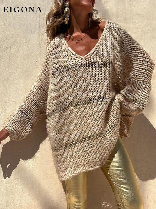 Openwork V-Neck Long Sleeve Sweater Pastel Yellow A@Y@M clothes Ship From Overseas