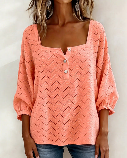 Square Neck Hollow Out Lantern Sleeve Blouse