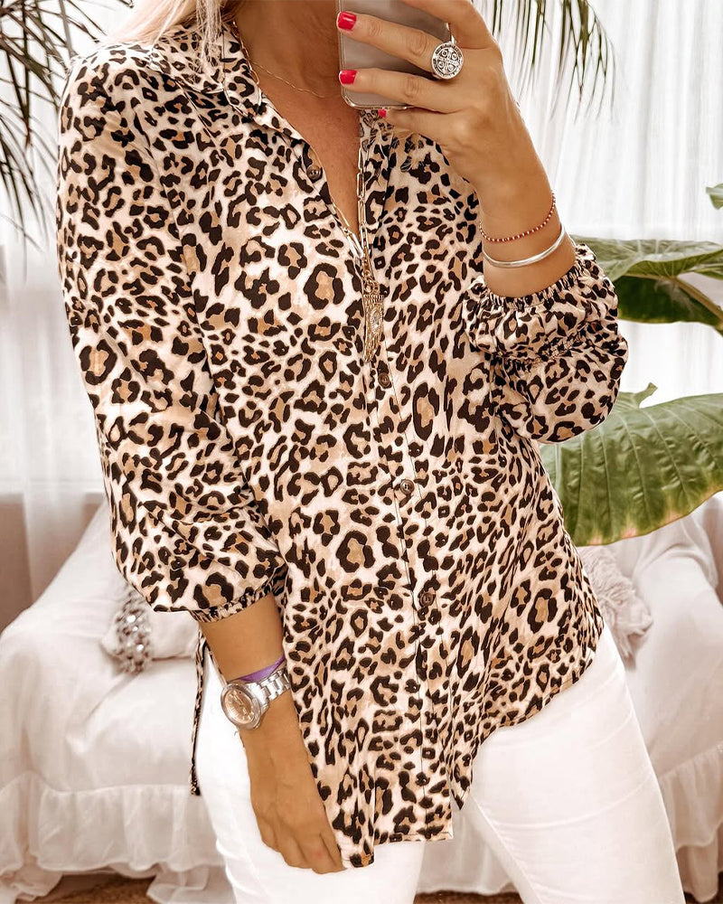Long-Sleeved Fashionable Leopard Print Blouse