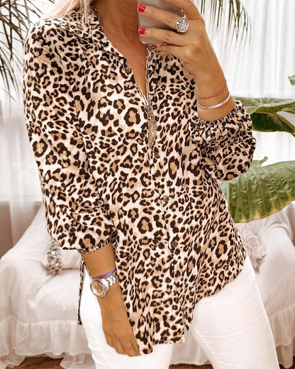 Long-Sleeved Fashionable Leopard Print Blouse