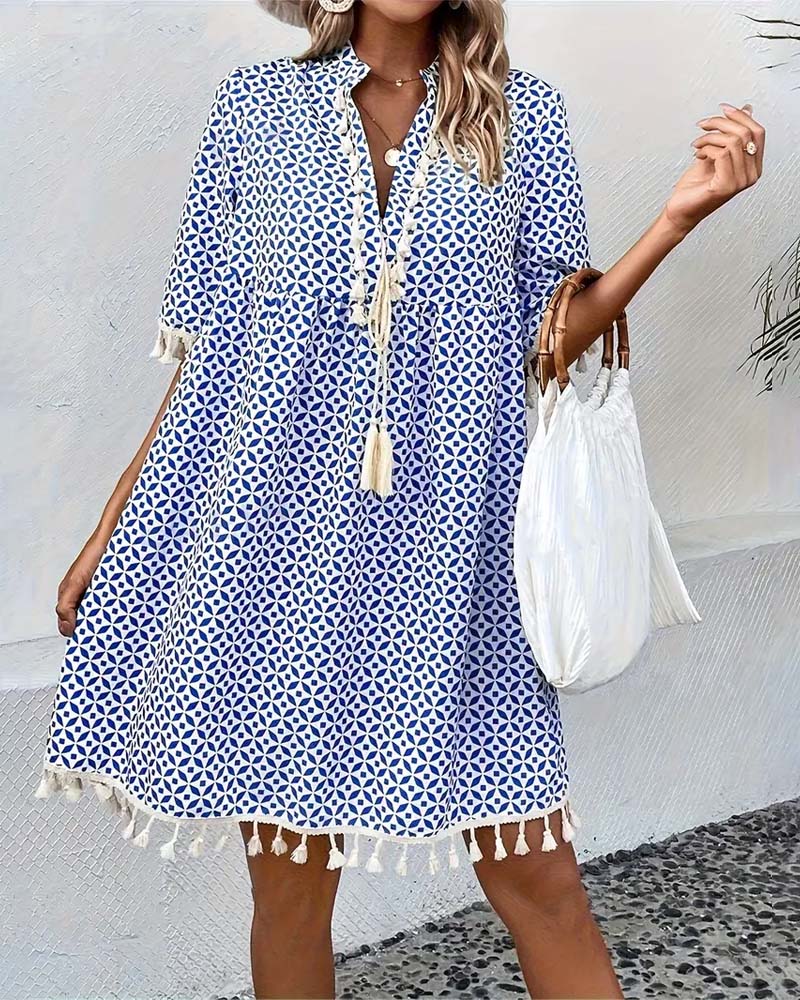 V-neck tassel print dress casual dresses summer