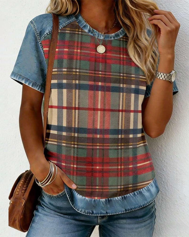 Denim Patchwork Vintage Plaid T-Shirt