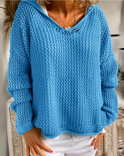 Dames Crochet Hollow Out Hooded Long Sleeve Tops