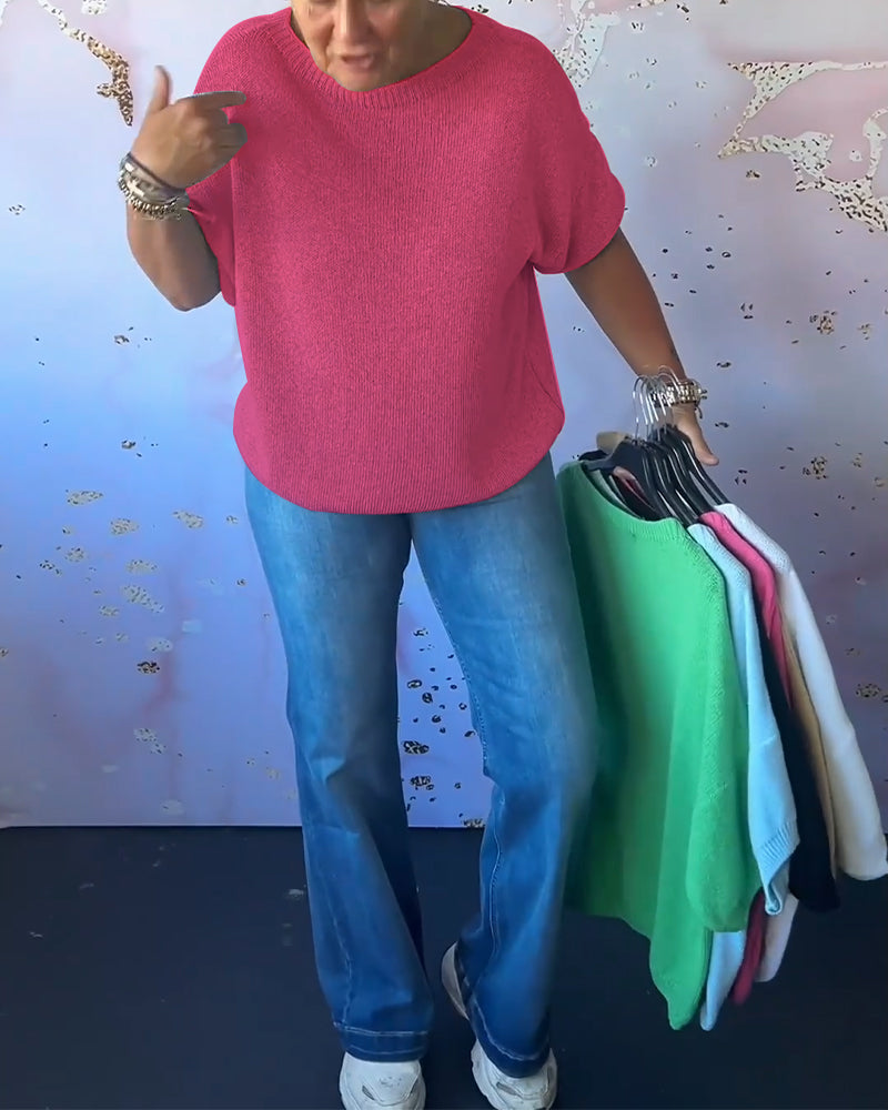 Casual loose solid color round neck pullover