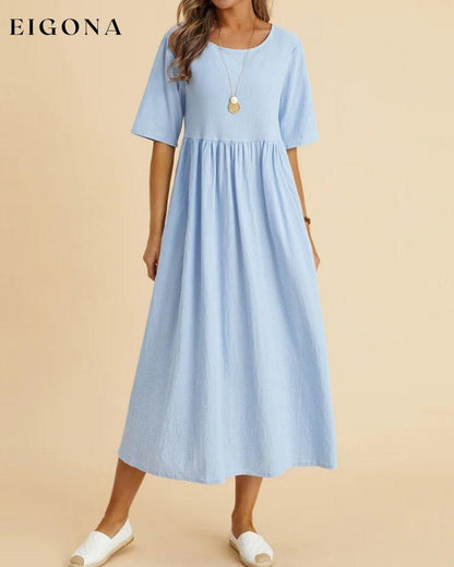 Solid color half sleeve midi dress Sky blue 23BF Casual Dresses Clothes Cotton and Linen Dresses Spring Summer