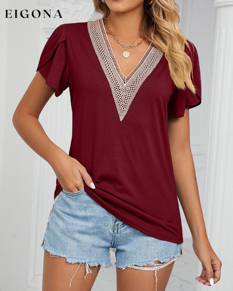 Solid Color T-Shirt with Ruffle Sleeves Claret 23BF clothes Short Sleeve Tops Spring Summer T-shirts Tops/Blouses