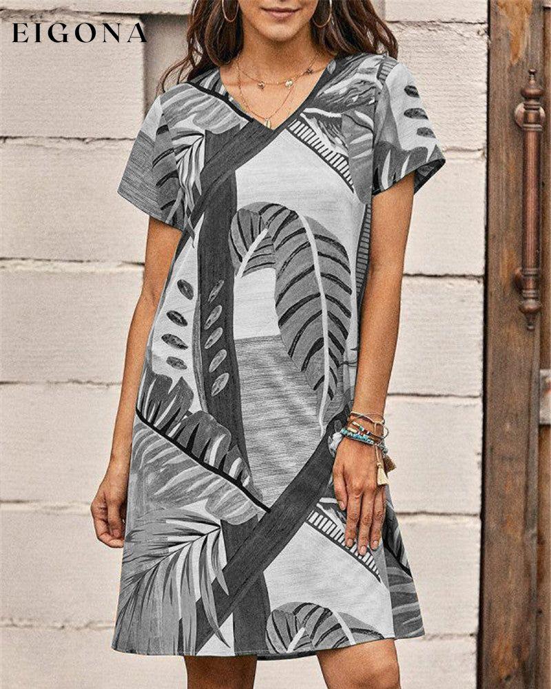 Leaves Print Short Sleeve Dress Gray 23BF Casual Dresses Clothes Dresses Summer