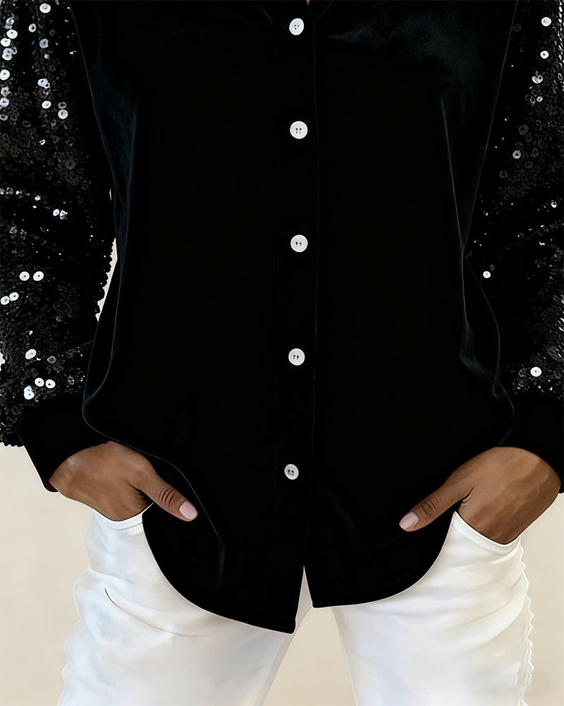 Lapel Sequined Long-Sleeved Shirt