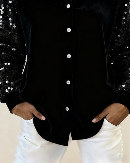 Lapel Sequined Long-Sleeved Shirt