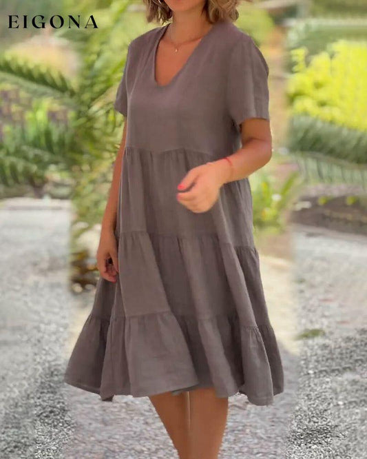 Cotton linen v-neck solid color dress Brown 23BF Casual Dresses Clothes cotton and linen Dresses Spring Summer