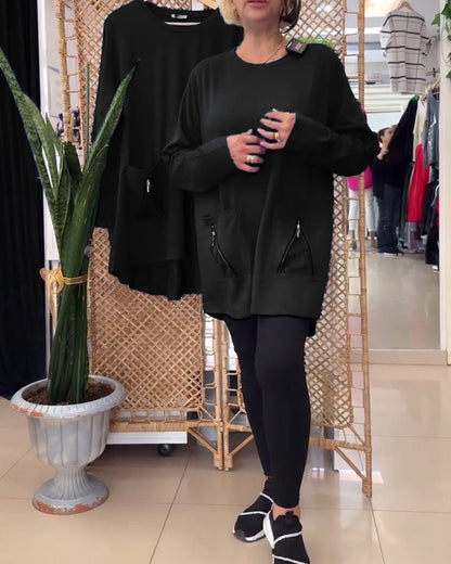 Felpa con scollo tondo e tasca con cerniera tinta unita