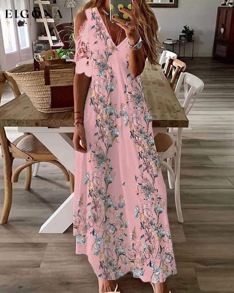 Floral Print Dress with Short Lace Sleeves Pink 23BF Casual Dresses Clothes Dresses Spring Summer Vacation Dresses