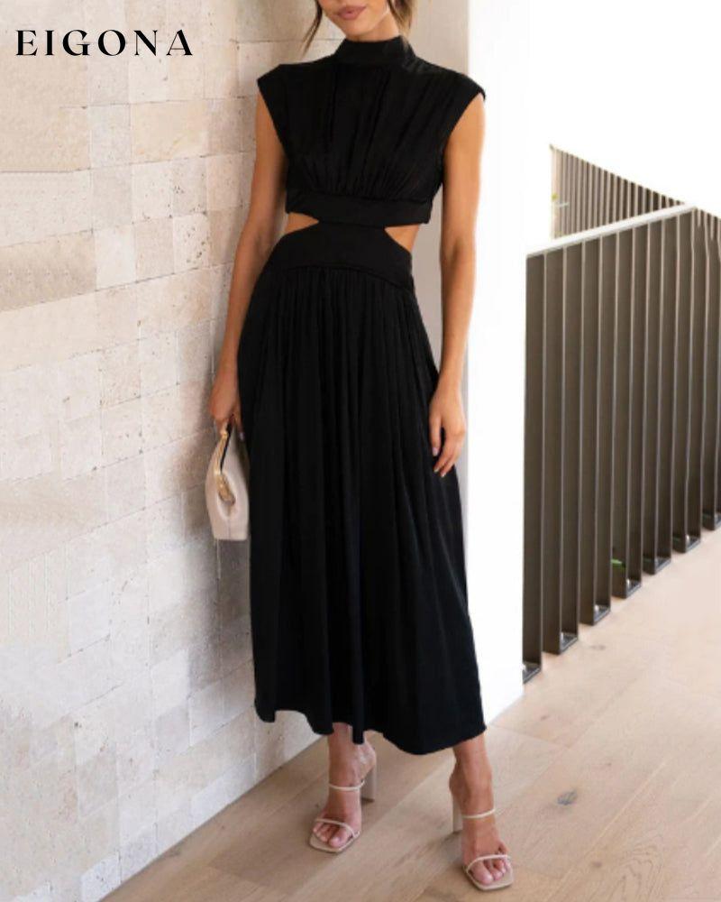 Stand collar off waist solid color long dress Black 23BF Casual Dresses Clothes Dresses Summer