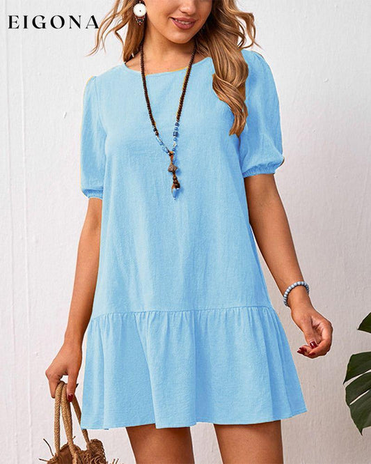 Cotton Linen Dress with Puff Sleeves Blue 23BF Casual Dresses Clothes cotton and linen Dresses Spring Summer