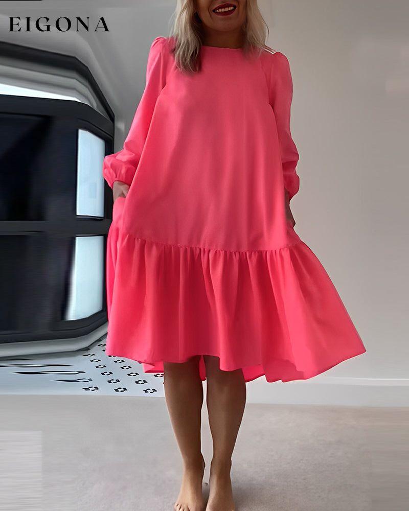 Solid color round neck long sleeve dress Pink 23BF Casual Dresses Clothes Dresses Spring Summer