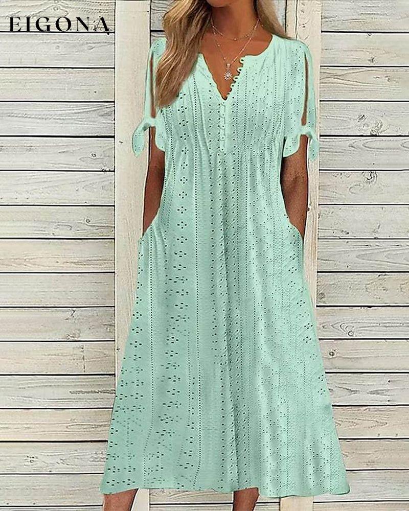 Hollow v-neck solid color dress Green 23BF Casual Dresses Clothes Dresses Spring Summer