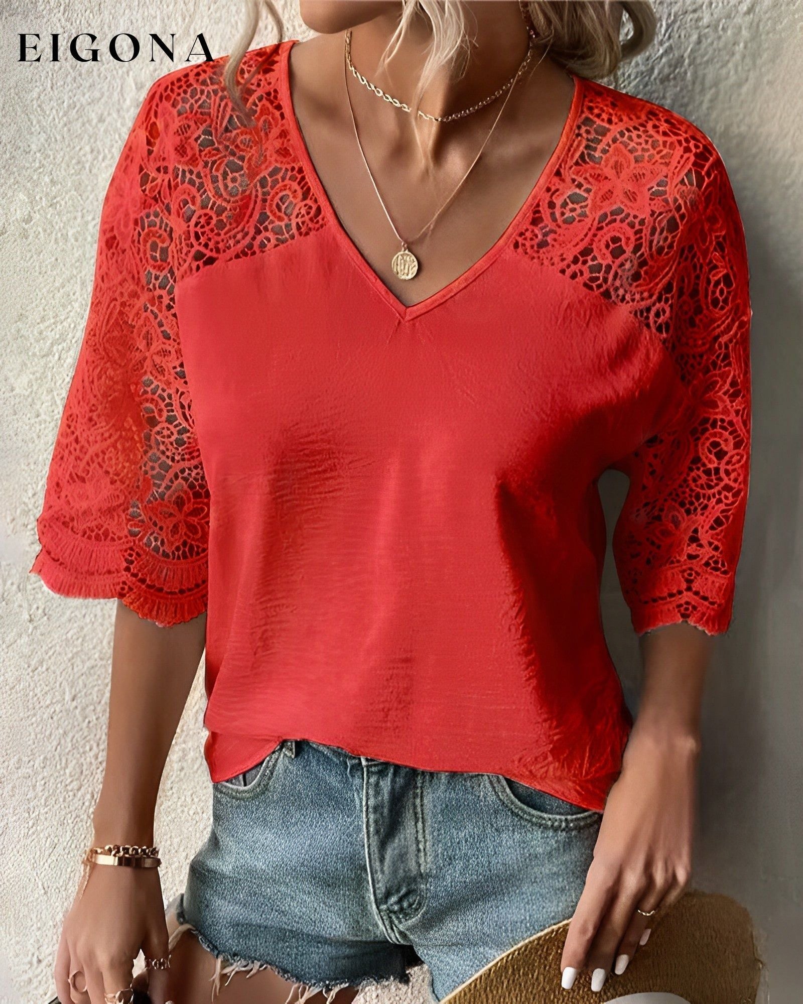 V-neck lace sleeve Blouse Red 23BF clothes Short Sleeve Tops Spring Summer T-shirts Tops/Blouses