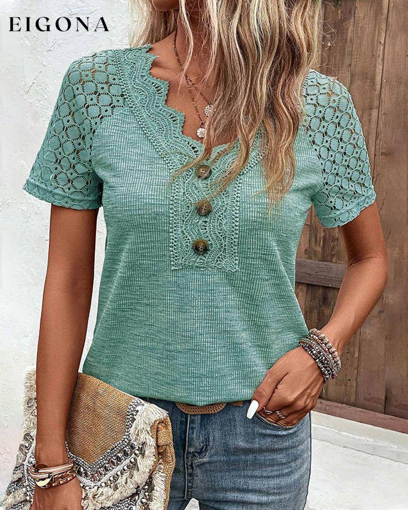 Lace Short Sleeve T Shirt Green 23BF 23BK clothes Short Sleeve Tops Spring Summer T-shirts Tops/Blouses