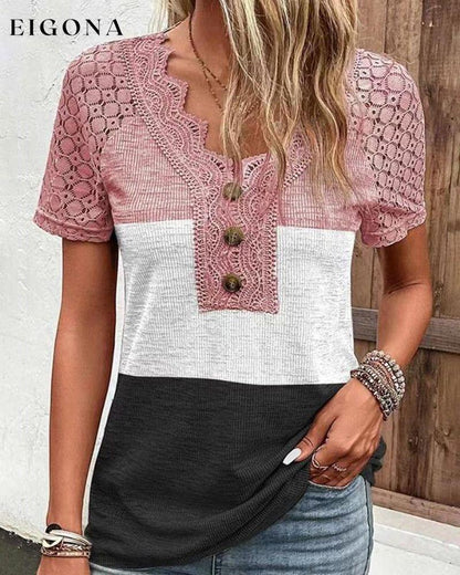 Color block lace T-shirt Pink 23BF clothes Short Sleeve Tops Spring Summer T-shirts Tops/Blouses