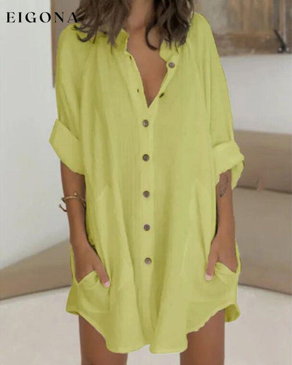 Button pocket solid shirt dress Yellow 23BF Casual Dresses Clothes Dresses Spring Summer