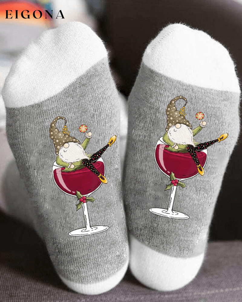 🧦Christmas gnome wine glass unisex crew socks🧦 23BF ACCESSORIES Christmas Clothes