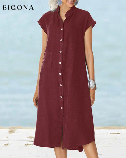 Stand collar single breasted pocket dress Burgundy 23BF Casual Dresses Clothes Dresses Summer