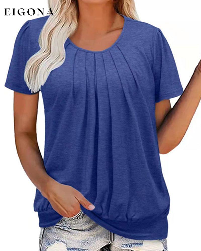 Round neck plain pleated short sleeve t-shirt Blue 23BF clothes Short Sleeve Tops Summer T-shirts Tops/Blouses