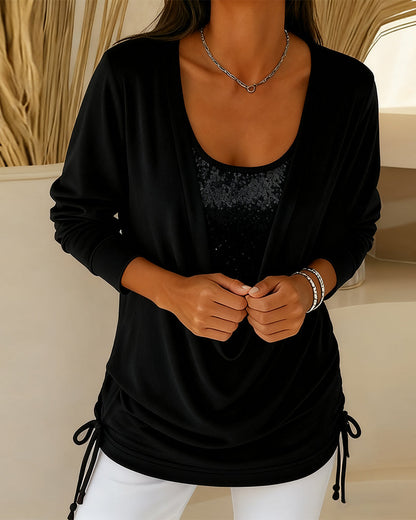 Sequin Contrast Color Faux Two-Piece Top