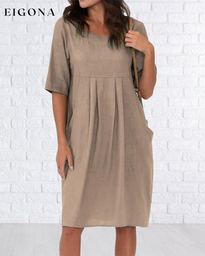 Round Neck Solid Color Dress with Pockets Khaki 23BF Casual Dresses Clothes Dresses Spring Summer