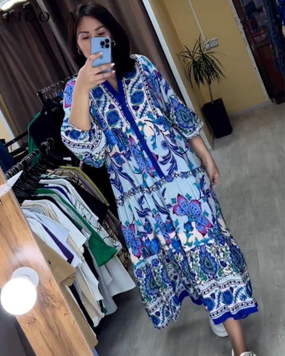 Printed 3/4 sleeve v-neck fashion dress 23BF Casual Dresses Clothes Dresses Spring Summer