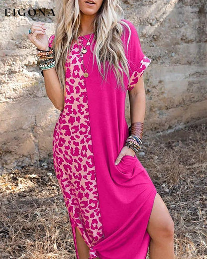 Round neck leopard color block dress Fuchsia 23BF Casual Dresses Clothes Dresses Spring Summer
