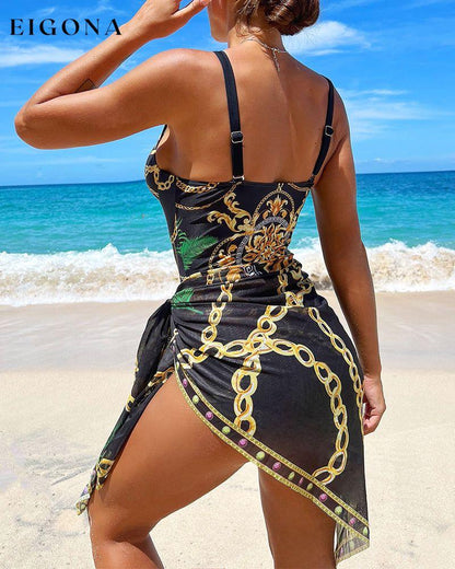 Chain Print Push Up One Piece Swimsuit With Beach Skirt 23BF Clothes Cover-Ups One-Piece SALE Summer Swimwear