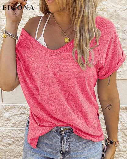 Solid color V-neck t-shirt Pink 23BF clothes Short Sleeve Tops Summer T-shirts Tops/Blouses