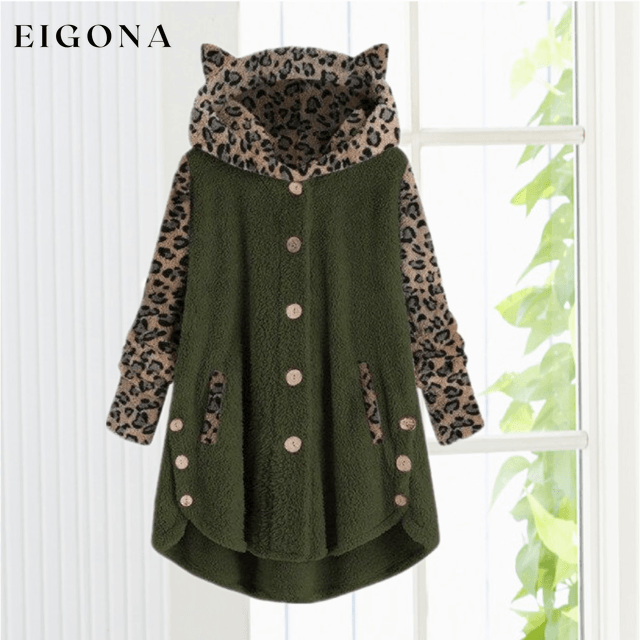 Leopard Patchwork Cat Ears Coat Army Green Best Sellings cardigan cardigans clothes Plus Size Sale tops