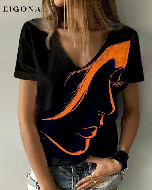 V neck T-shirt with Figure Print Orange 23BF clothes Short Sleeve Tops T-shirts Tops/Blouses