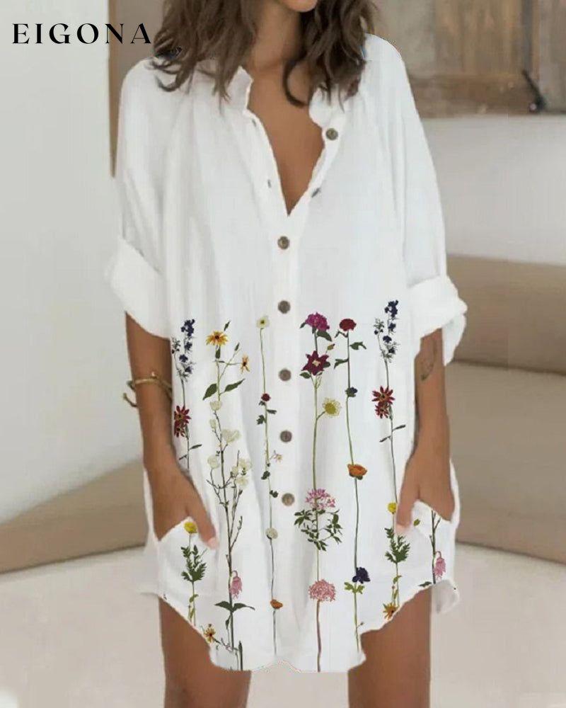 Printed button long sleeve pocket dress White 23BF Casual Dresses Clothes Dresses Spring Summer