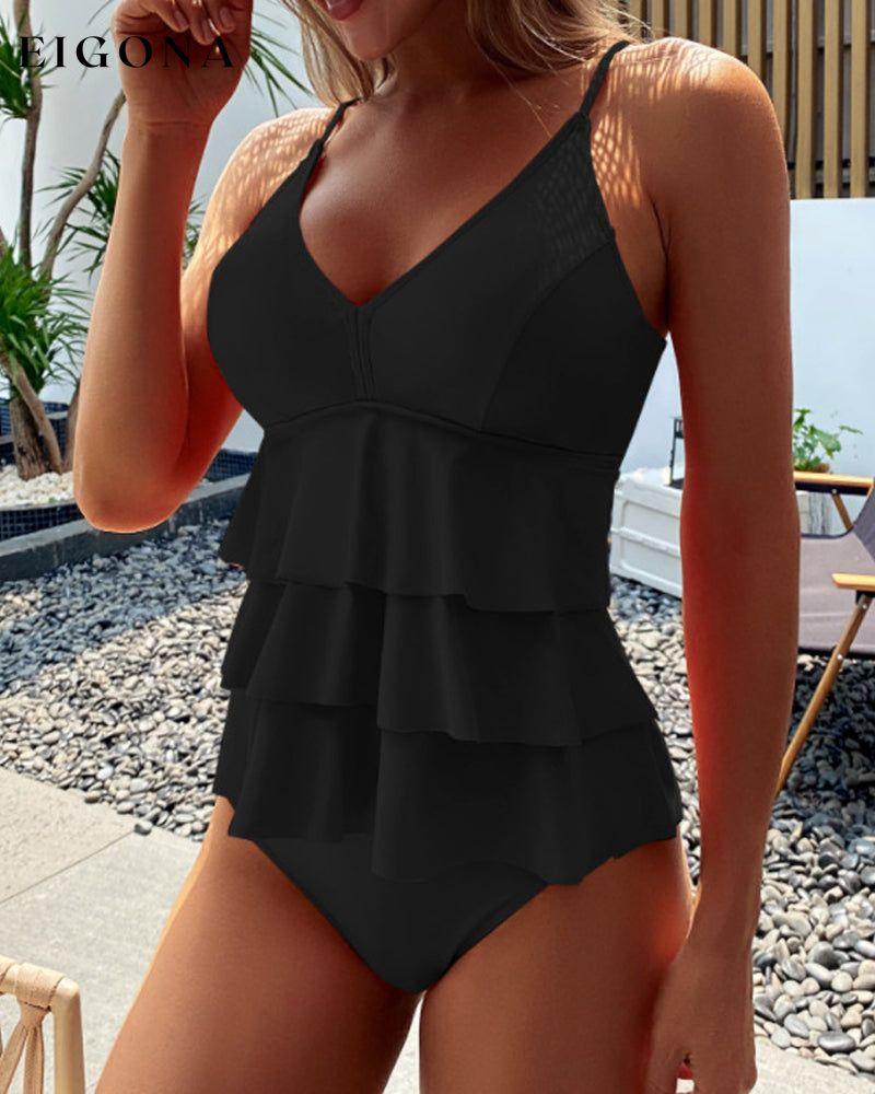 Solid color ruffled split tankini Black 23BF Clothes Summer Swimwear Tankinis