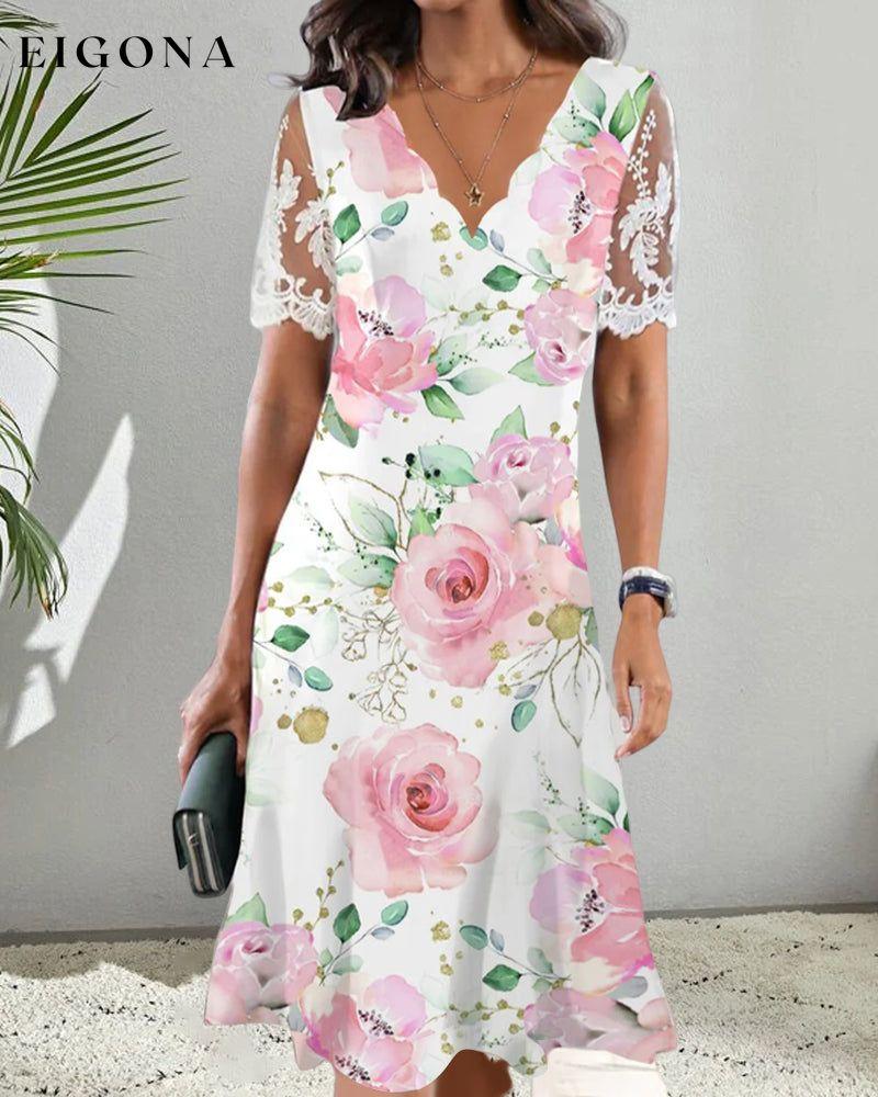 Short Sleeve Lace Floral Print Dress 23BF Casual Dresses Clothes Dresses SALE Spring Summer