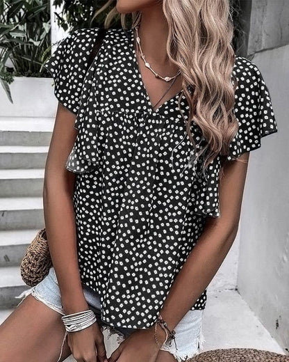 Floral Print T-shirt with Ruffle Sleeves Black 23BF clothes Short Sleeve Tops Spring Summer T-shirts Tops/Blouses