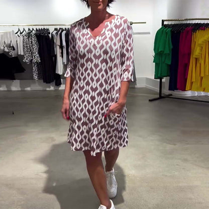 Stand Collar Mid-Length Printed Dress