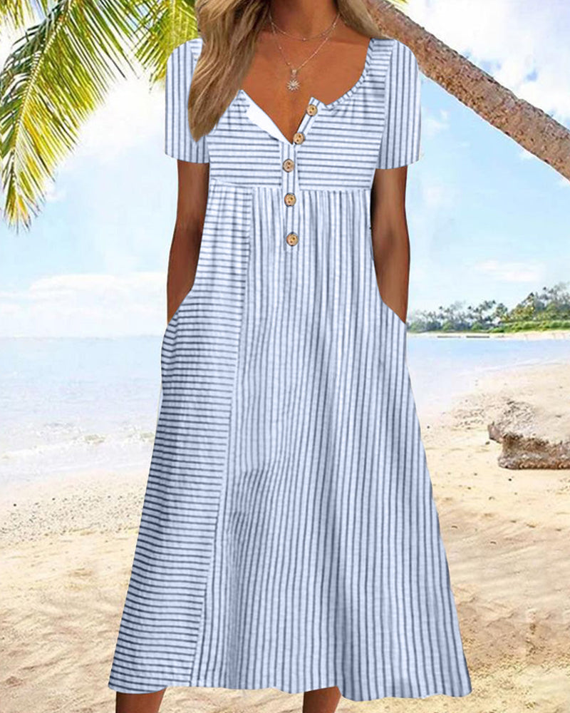 Striped Print Short Sleeve Dress Blue 23BF Casual Dresses Clothes Dresses SALE Spring Summer
