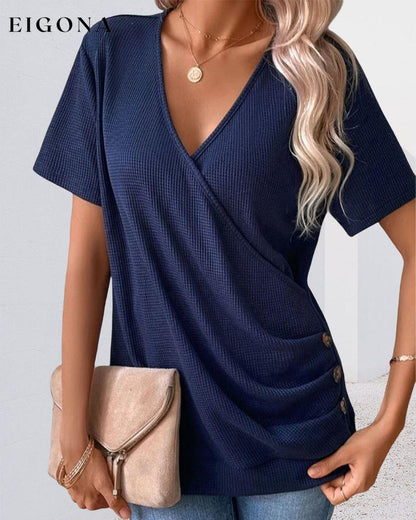 V Neck Front Cross Button Detail T-Shirt 23BF clothes SALE Short Sleeve Tops Spring Summer T-shirts Tops/Blouses
