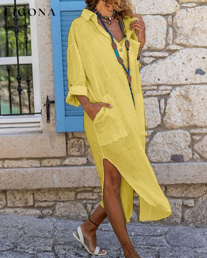 Solid color long sleeve shirt dress Yellow 23BF Casual Dresses Clothes Cotton and Linen Dresses Spring Summer