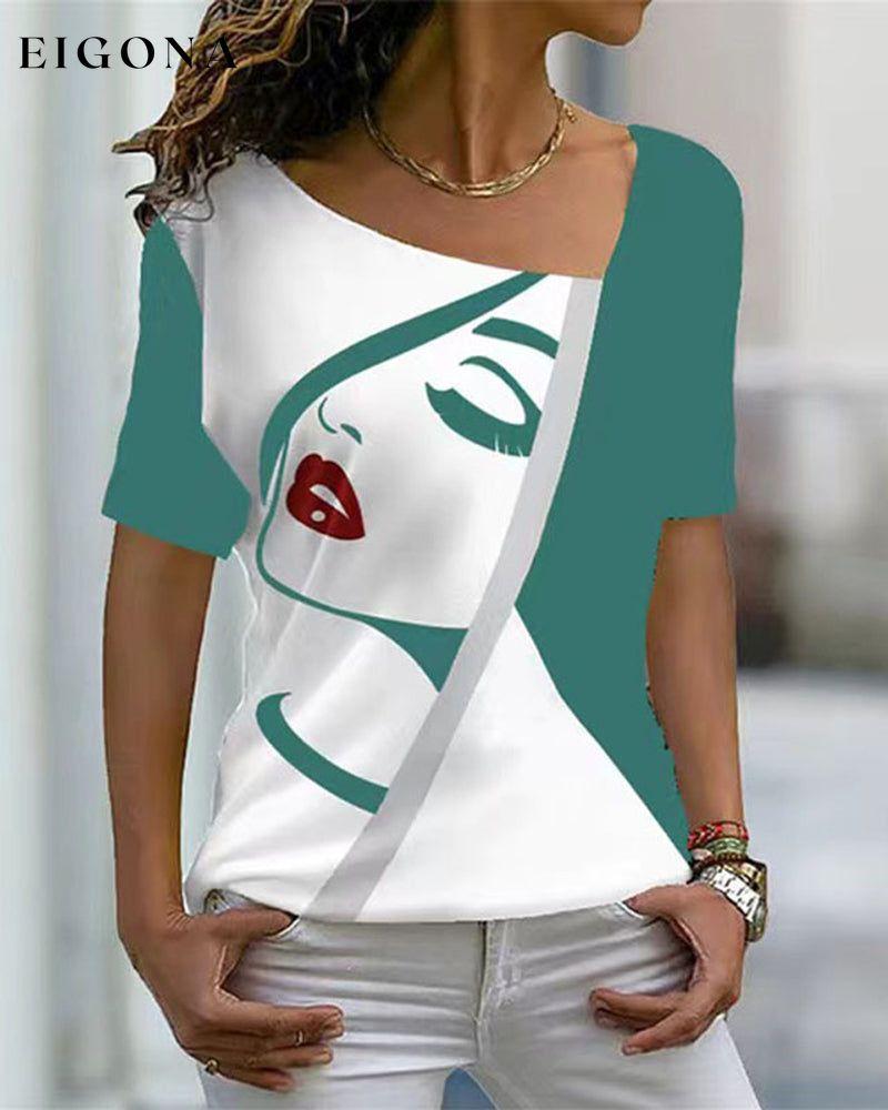 V-neck face print short-sleeved t-shirt Green 23BF clothes Short Sleeve Tops Spring Summer T-shirts Tops/Blouses