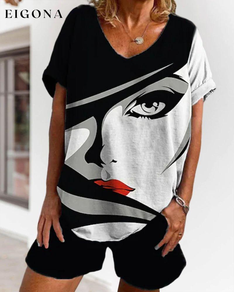 Short Sleeve Set in Figure Print 23BF clothes Short Sleeve Tops T-shirts Tops/Blouses Two-piece sets