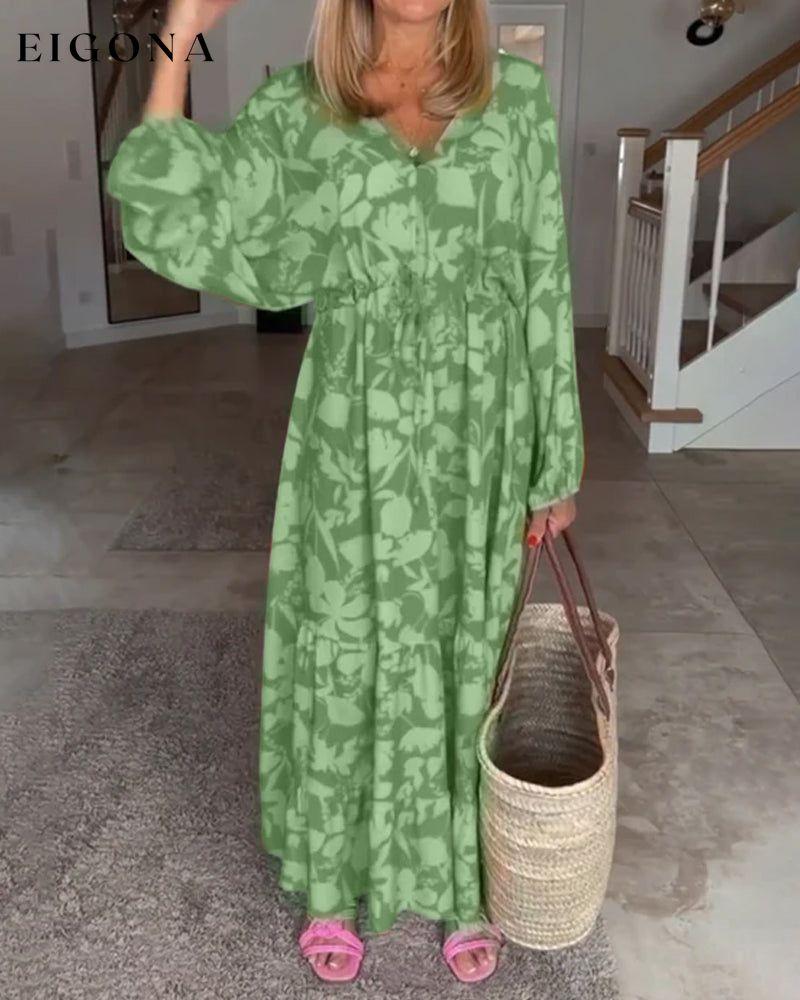 Floral Print Long Sleeve Dress Green 23BF 23BK Casual Dresses Clothes Dresses Spring summer vacation dresses