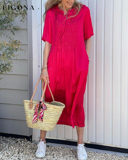 Red Pleated V-Neck Dress 23BF Casual Dresses Clothes Dresses Summer