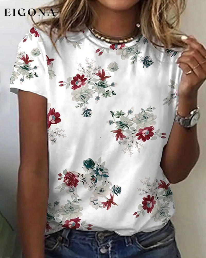 Round neck floral print short sleeve t-shirt White 23BF clothes Short Sleeve Tops Summer T-shirts Tops/Blouses